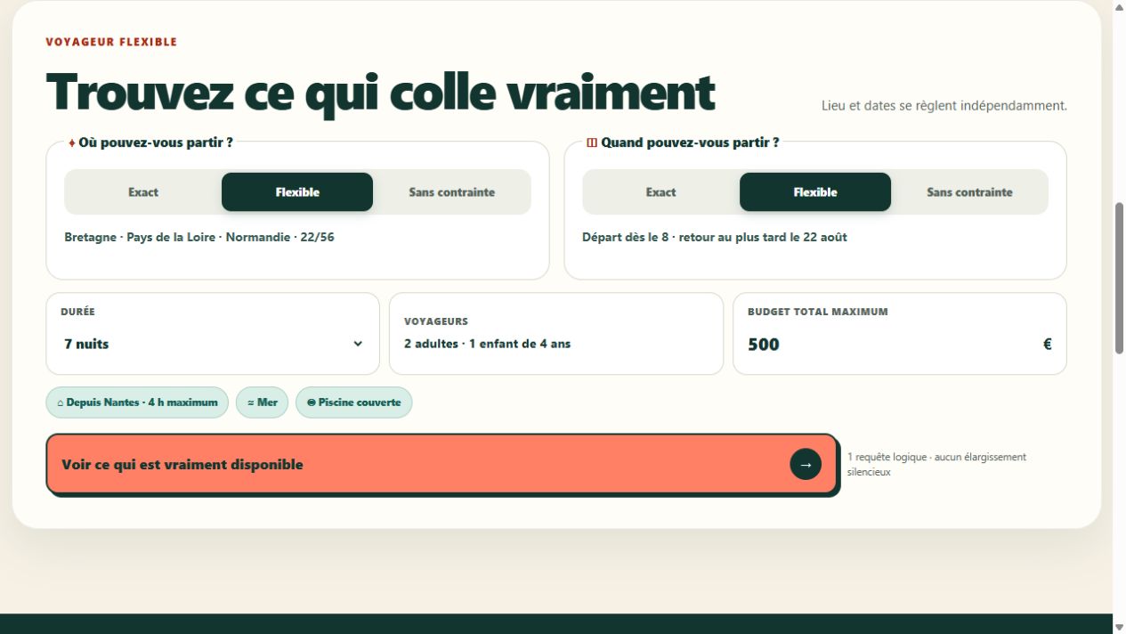 Recherche TOO NICE TO MISS fictive avec lieu et dates réglables séparément, durée et budget total